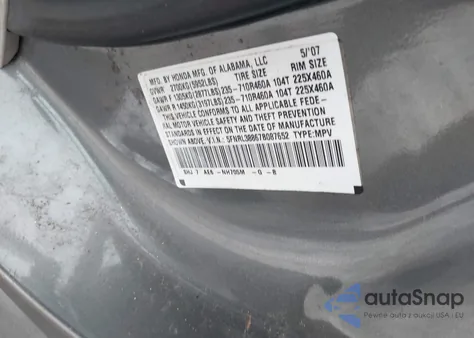 2007 Honda Odyssey Touring from USA, damaged, VIN 5FNRL38867B087652